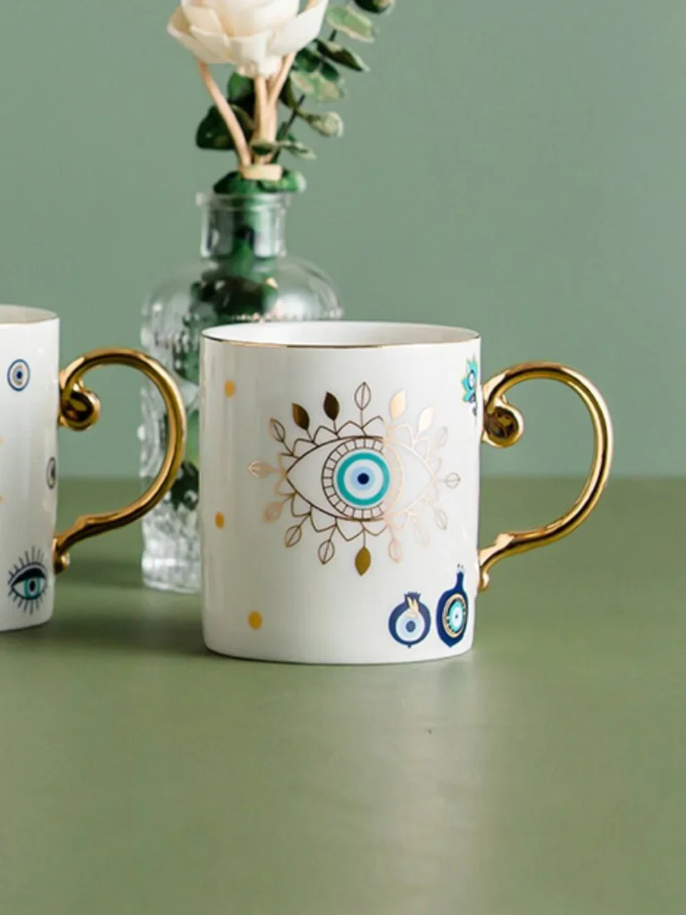 Evil Eye Ceramic Coffee Mug with Gold Handle, Nazar Blue Eye Mug, Hamsa Mug